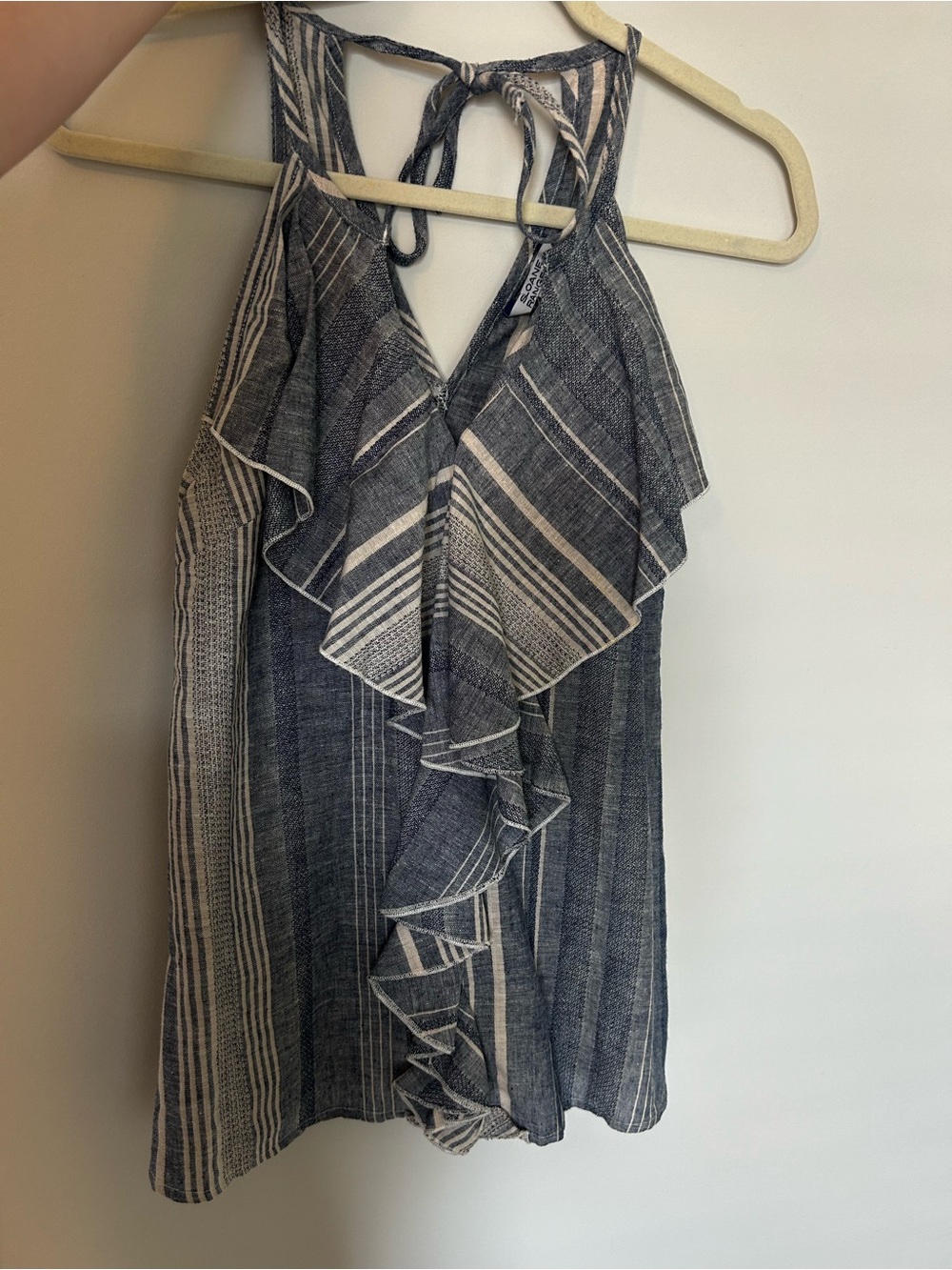 Striped Ruffle Halter Dress - Denim and Cream
